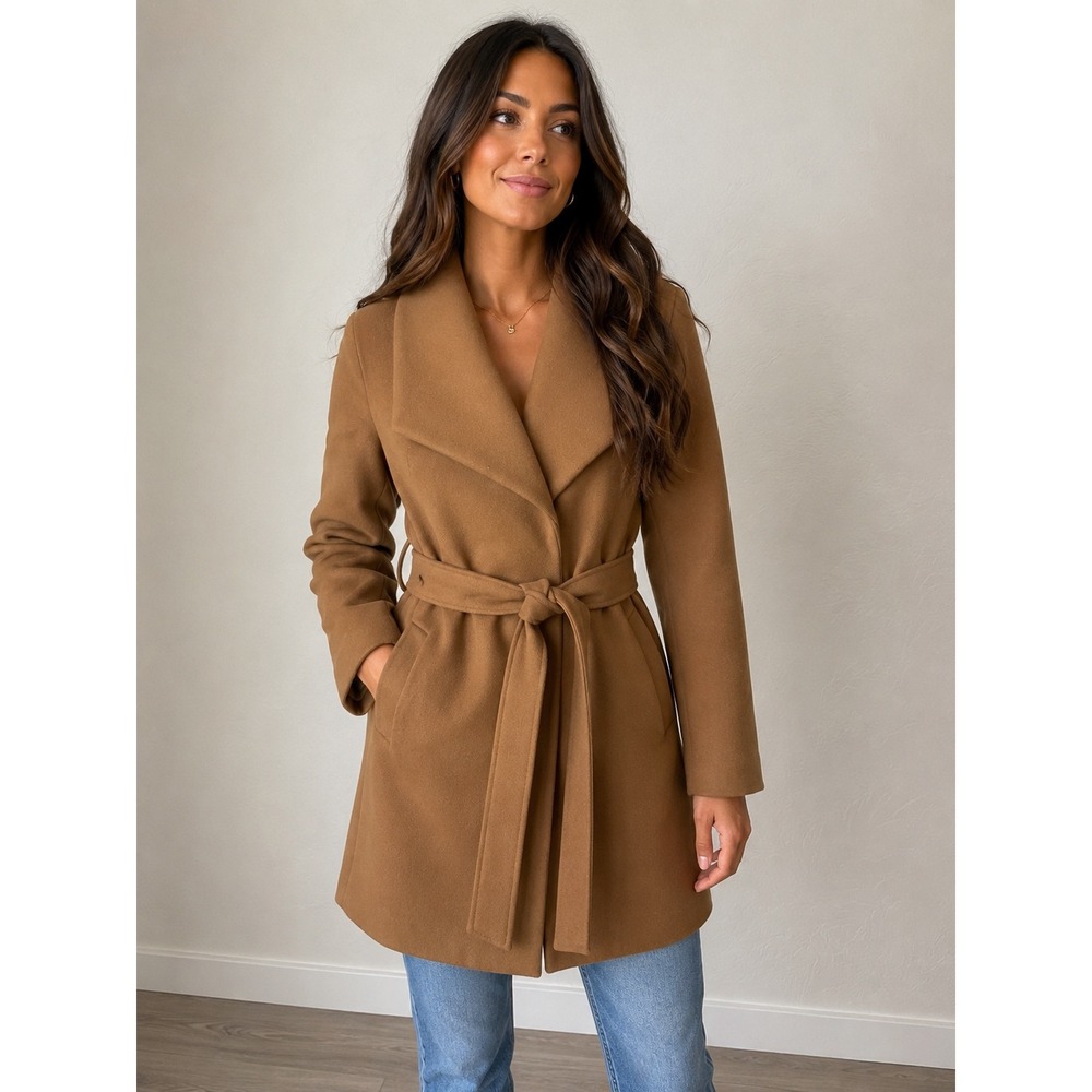 Tahari Womens XXL Camel Brown Shawl Collar Belted Wrap Coat 1706445 Mid Length